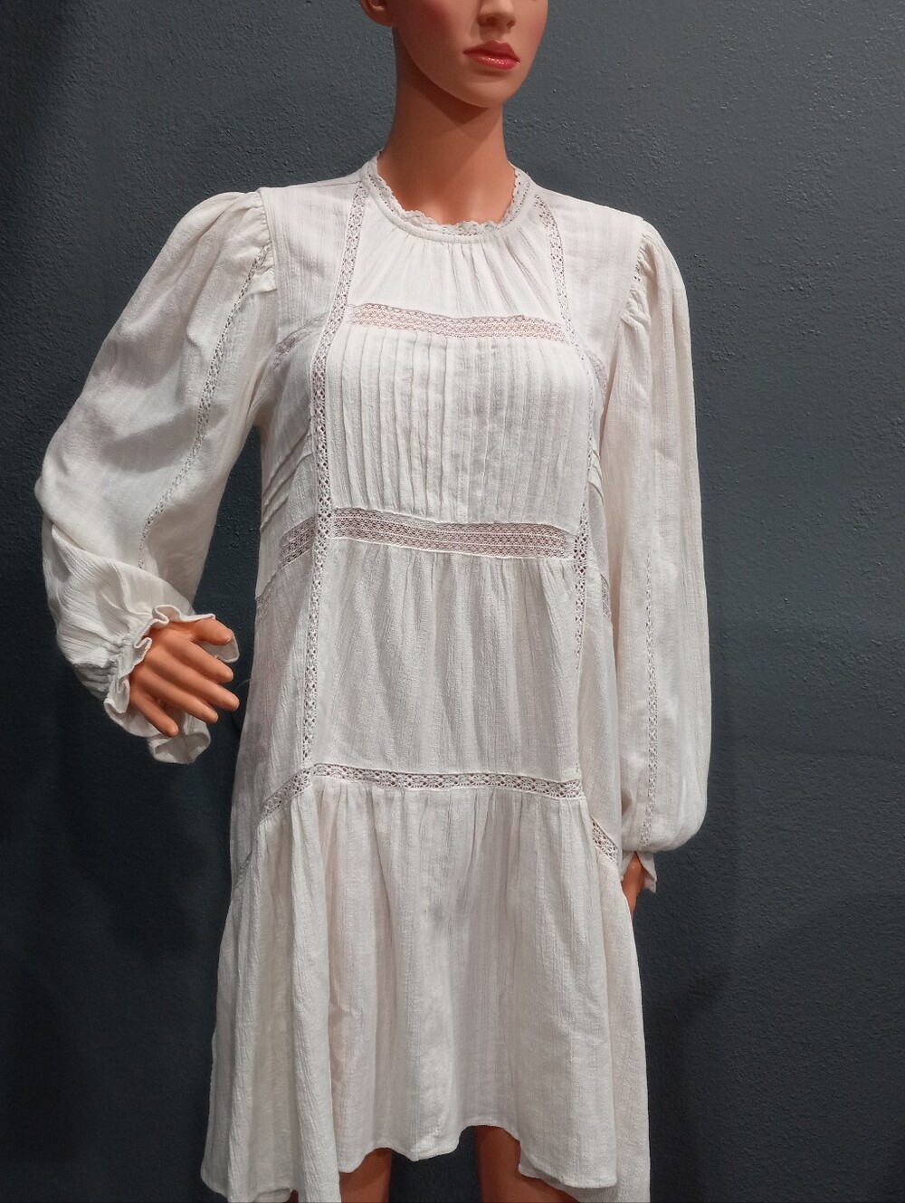 Mango Cotton Boho Lace-Inserrs Pleated Ivory Long-Sleeve Dress